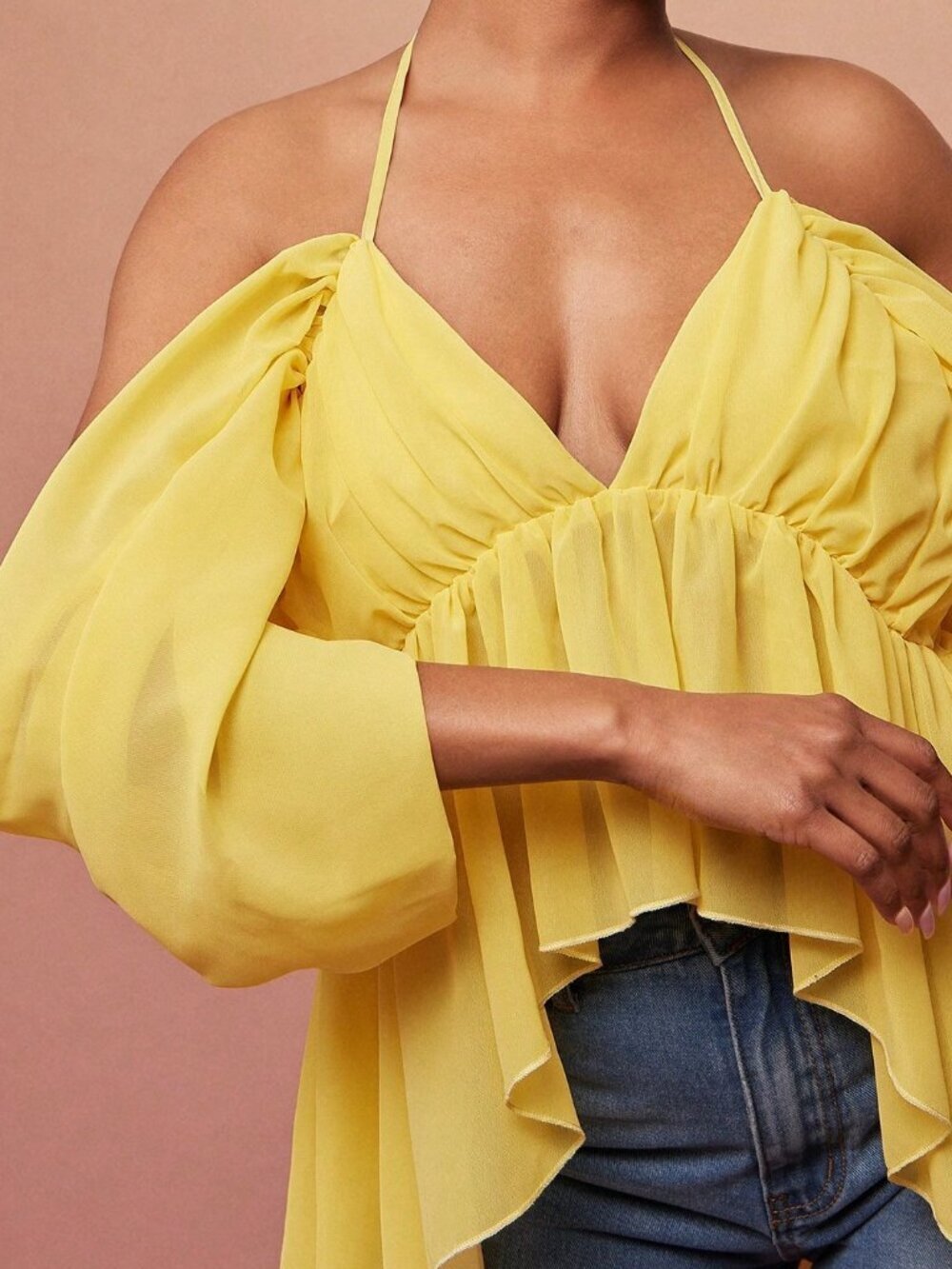 Yellow Casual Women's Chiffon Off Shoulder Sleeve Asymmetrical Peplum Top - Picture 5 of 5